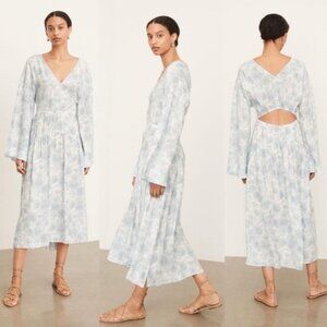 Vince Dahlia Floral Blue White V Neck Cutout Back Long Sleeves Midi Dress XS
